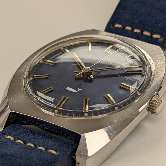 Vintage Bulova Sea King Watch Blue Dial Leather Strap - Picture 5 of 8